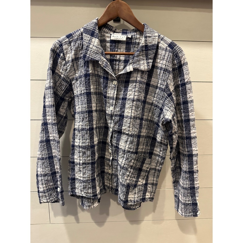 Habitat Clothes To Live In Navy White Plaid Crinkle Seersucker Button Down Shirt